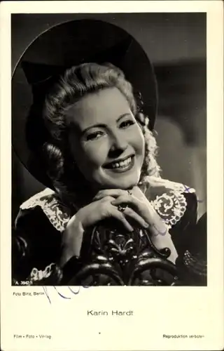 Ak Schauspielerin Karin Hardt, Portrait, Hut, Autogramm