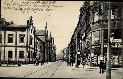 Ak Chemnitz Sachsen, Poststraße mit Hauptpost, Annabergerstraße, Saxonia Dauerwäsche