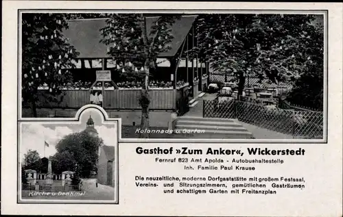 Ak Wickerstedt Bad Sulza inThüringen, Gasthof zum Anker, Inh. Paul Krause, Kirche, Denkmal