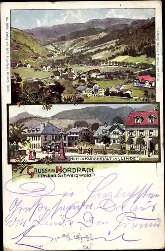 Künstler Litho Fuchs, Karl, Nordrach im Schwarzwald Baden, Hotel zur Linde, Ortspanorama