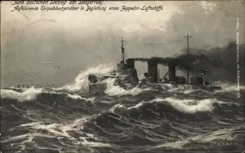 Ak Deutsche Kriegsschiffe, Deutscher Seesieg im Skagerrak, Torpedobootzerstörer, Zeppelin Luftschiff