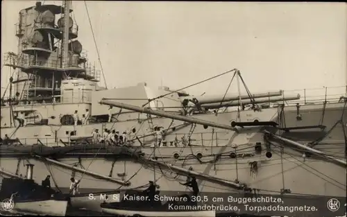 Ak Deutsches Kriegsschiff, SMS Kaiser, Großlinienschiff, 30,5 cm Buggeschütze, Torpedofangnetze, GLK