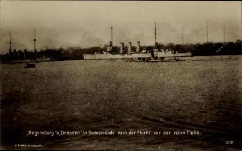 Ak Deutsche Kriegsschiffe SMS Regensburg, SMS Dresden, Swinemünde, Flucht vor der roten Flotte