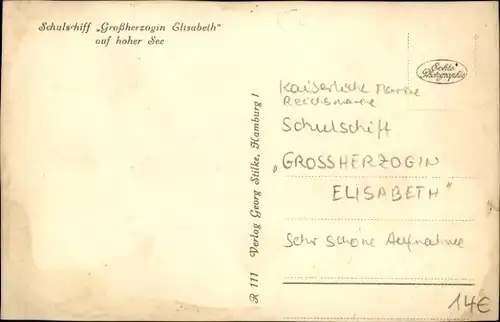 Ak Schulschiff Großherzogin Elisabeth, Segelschulschiff, Kaiserliche Marine, Reichsmarine