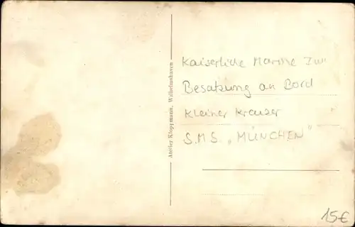 Ak Deutsches Kriegsschiff SMS München, Kleiner Kreuzer, Besatzung an Bord, Kaiserliche Marine