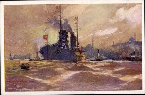 Künstler Ak Heusser, Harry,  Konstantinopel, Flaggengala im Hafen, Schlachtschiff Yavuz Sultan Selim