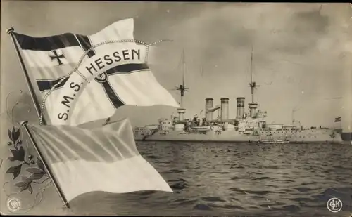 Ak Deutsches Kriegsschiff, SMS Hessen, Linienschiff, Fahne, Kaiserliche Marine, NPG, GLK