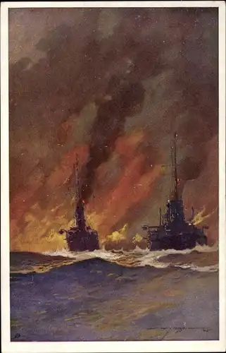 Künstler Ak Heusser, Harry, Türkische Kriegsschiffe, Zerstörung Petroleumreservoirs von Noworosisk