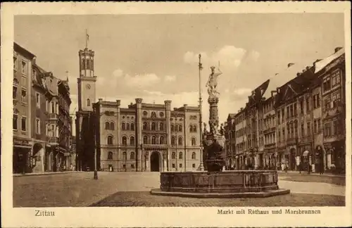 Ak Zittau in Sachsen, Markt, Rathaus, Marsbrunnen