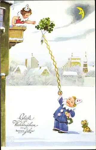 Künstler Ak Wills, John, Neujahr, Kinder verkleidet als Clowns, Kleeblätter, Hund