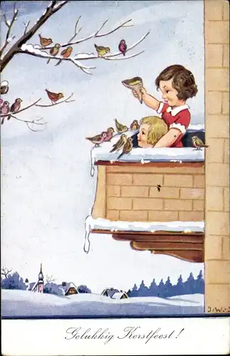 Künstler Ak Wills, John, Weihnachten, Kinder auf dem Balkon, Vogelfütterung