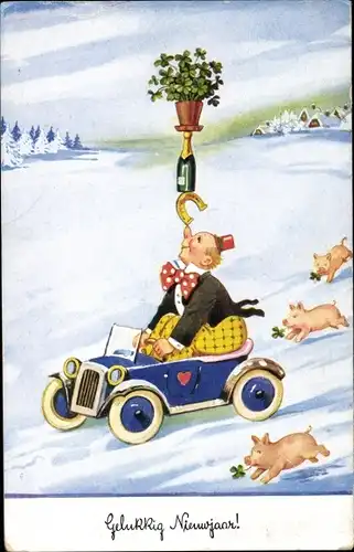 Künstler Ak Wills, John, Neujahr, Glücksschweine, Auto, Sekt