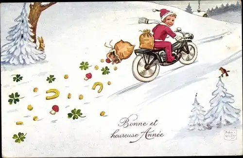 Künstler Ak Wills, John, Neujahr, Kind auf einem Motorrad, Geschenke