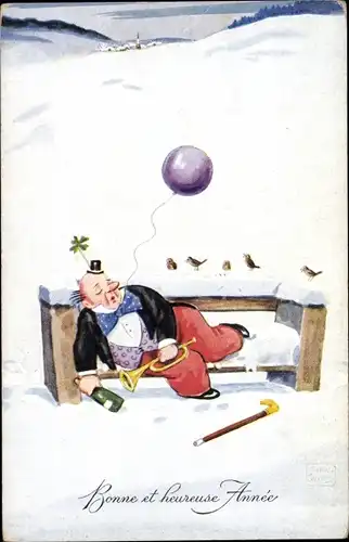 Künstler Ak Wills, John, Neujahr, Clown schläft auf einer Bank