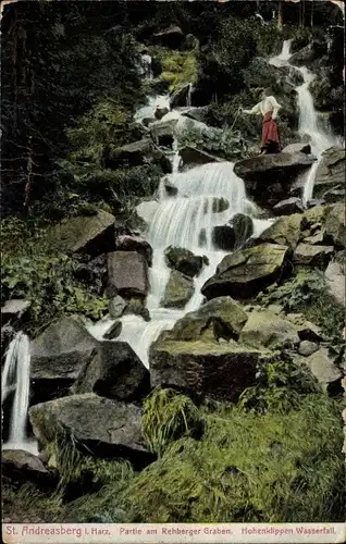 Ak St. Andreasberg Braunlage im Harz, Partie am Rehberger Graben, Hohenklippen Wasserfall