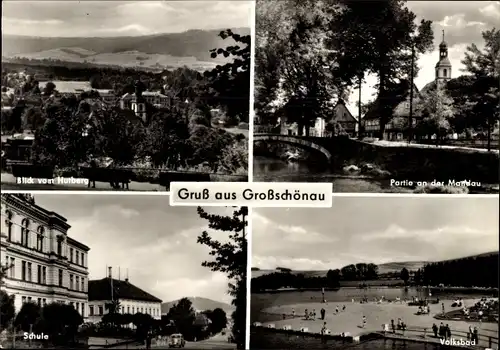 Ak Großschönau in der Oberlausitz Sachsen, Blick vom Hutberg, Schule, Volksbad