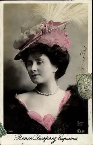 Ak Schauspielerin Renée Desprez, Portrait mit Hut