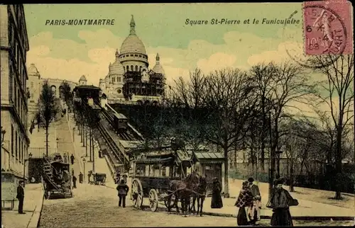 Ak Paris XVIII., Montmartre, Square Saint Pierre und die Standseilbahn, Kreuzung, Pferdebahn