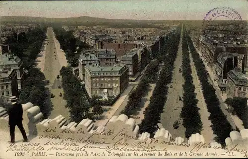 Ak Paris VIII, Panorama pris de l'Arc de Triomphe sur les Avenues du Bois et de la Grand Armee