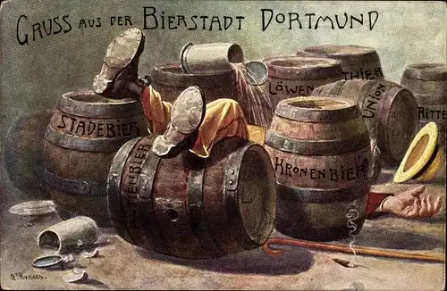 Künstler Ak Kraus, A., Betrunkener, Bierfässer, Bierkrug