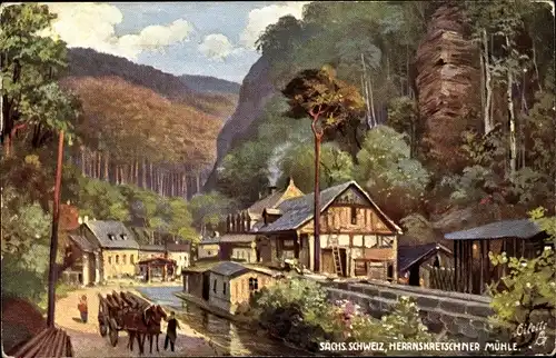 Künstler Ak Herrnskretschen Region Aussig, Sächs. Schweiz, Mühle mit Umgebung