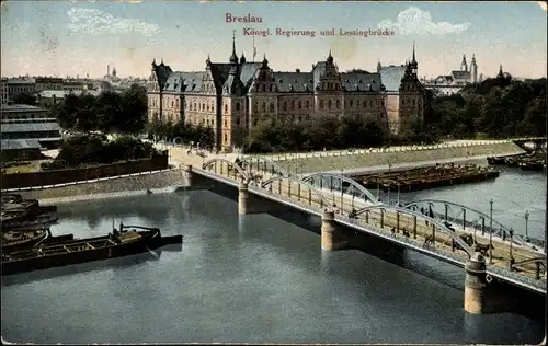 Ak Wrocław Breslau Schlesien, Regierung, Lessingbrücke