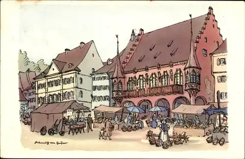 Künstler Ak Geyer, H. v., Freiburg im Breisgau, Partie am Kaufhaus, Markt, Menschen, Häuser