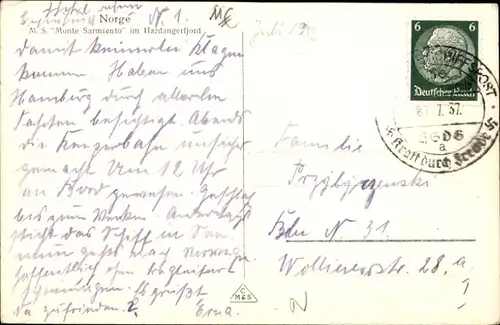 Ak Norwegen, Dampfschiff MS Monte Sarmiento, HSDG, Hardangerfjord