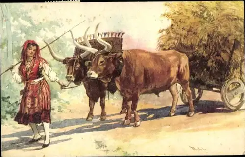 Künstler Ak Portugisische Bäuerin mit Heugabel, Ochsenkarren