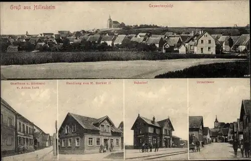 Ak Hillesheim Rheinhessen, Panorama, Bahnhof, Gasthaus u. Bäckerei Adam Loft, Geschäft M. Becker II