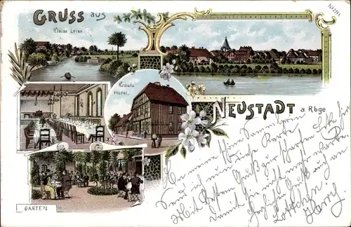 Litho Neustadt am Rübenberge, Krauls Hotel, Garten, Kleine Leine, Panorama vom Ort