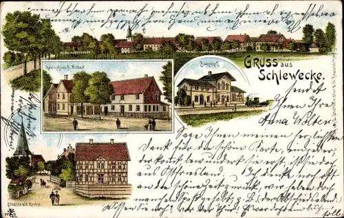 Litho Schlewecke Bockenem Niedersachsen, Bahnhof, Gasthof, Kirche, Gesamtansicht