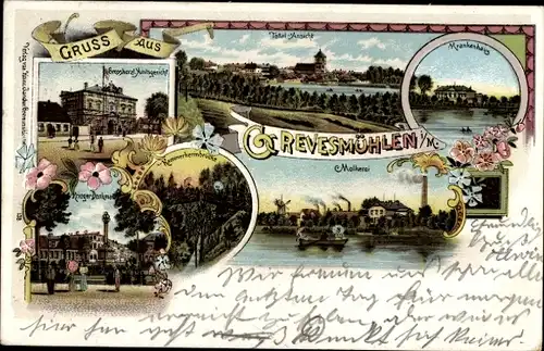 Litho Grevesmühlen in Mecklenburg, Amtsgericht, Krankenhaus, Kriegerdenkmal, Molkerei