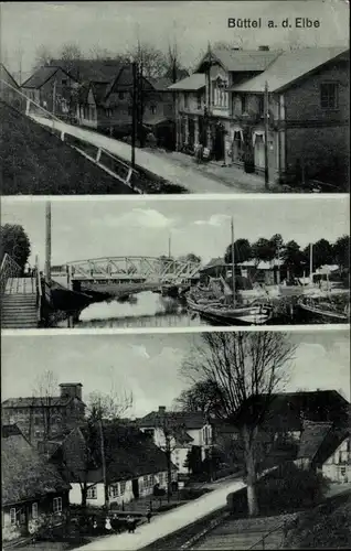 Ak Büttel an der Elbe Schleswig Holstein, Häuser am Deich, Brücke, Straßenpartie