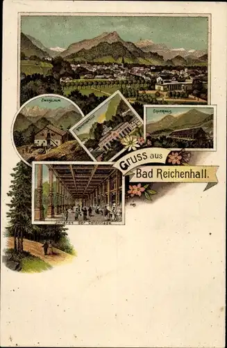 Litho Bad Reichenhall in Oberbayern, Inneres der Colonnade, Gradirhaus, Brunnkapelle