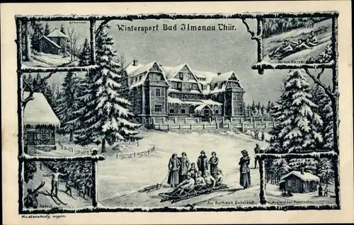 Künstler Ak Beckstein, M., Ilmenau in Thüringen, Kurhaus Gabelbach, Rodelbahn, Schlitten