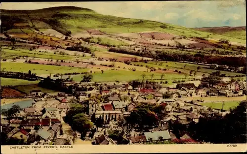 Ak Castleton Derbyshire England, Panorama von Peveril Castle