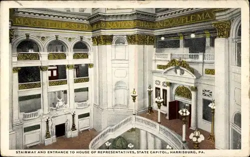Ak Harrisburg Pennsylvania USA, State Capitol, Treppe und Eingang zum Repräsentantenhaus