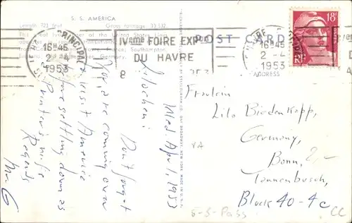 Ak Dampfschiff SS America, USL