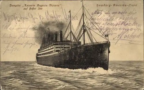 Ak HAPAG-Dampfer Kaiserin Auguste Viktoria auf hoher See, Hamburg Amerika Linie