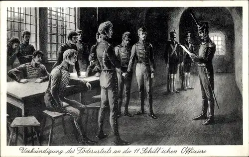 Künstler Ak Verkündigung des Todesurteils an die 11 Schill'schen Offiziere in Wesel 1809
