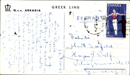 Künstler Ak Dampfschiff QSS Arkadia, Greek Line, Ansicht Backbord