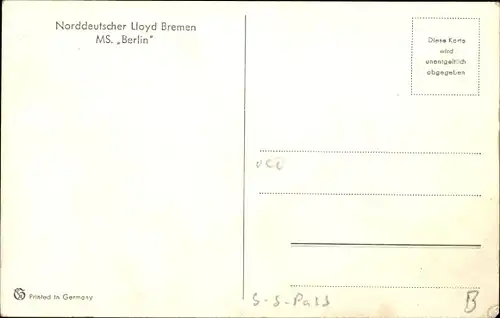 Künstler Ak Passagierschiff MS Berlin, Norddeutscher Lloyd Bremen