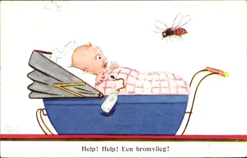 Künstler Ak Wills, John, Baby im Kinderwagen erschrickt vor Biene