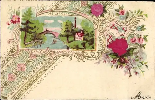 Präge Stoff Litho Blumen, Rosen, Vergissmeinnicht, Brücke, Fluss