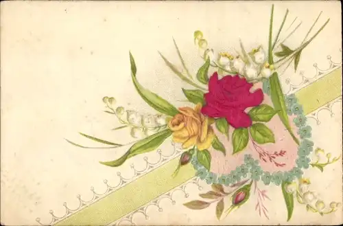 Stoff Präge Litho Blumenstrauß, Rosen, Vergissmeinnicht, Maiglöckchen