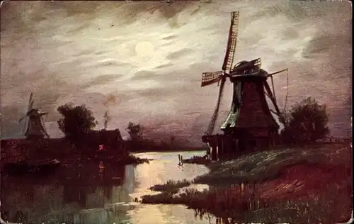 Mondschein Künstler Ak Windmühlen am Fluss, Bewölkter Himmel