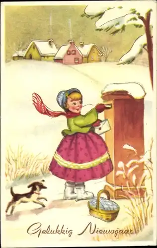 Ak Glückwunsch Neujahr, Mädchen verschickt einen Brief, Hund