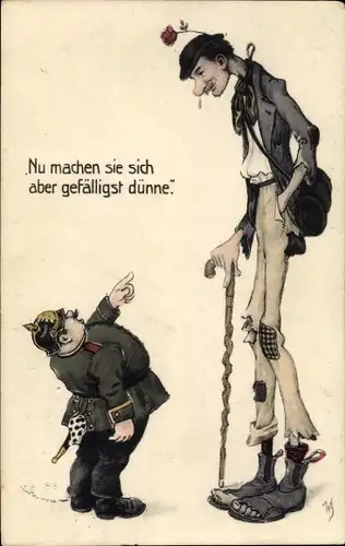 Ak Übergewichtiger Polizist und schlanker Mann, Nu machen sie sich aber gefälligst dünne