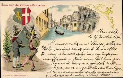 Litho Bruxelles Brüssel, Gondelpartie, Tänzer in Tracht, Wappen